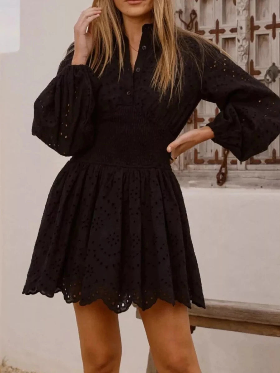 Eyelet Balloon Sleeve Mini Dress - Wow Store