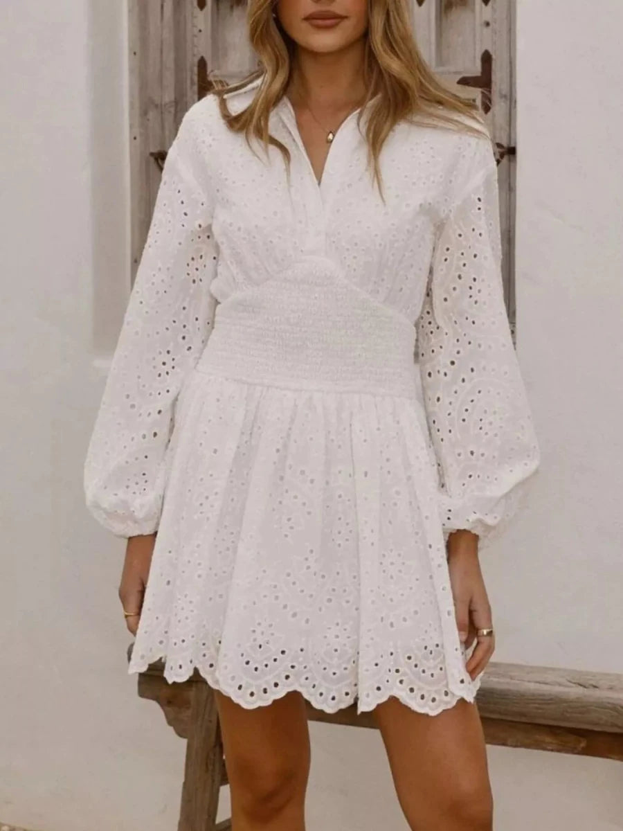 Eyelet Balloon Sleeve Mini Dress - Wow Store