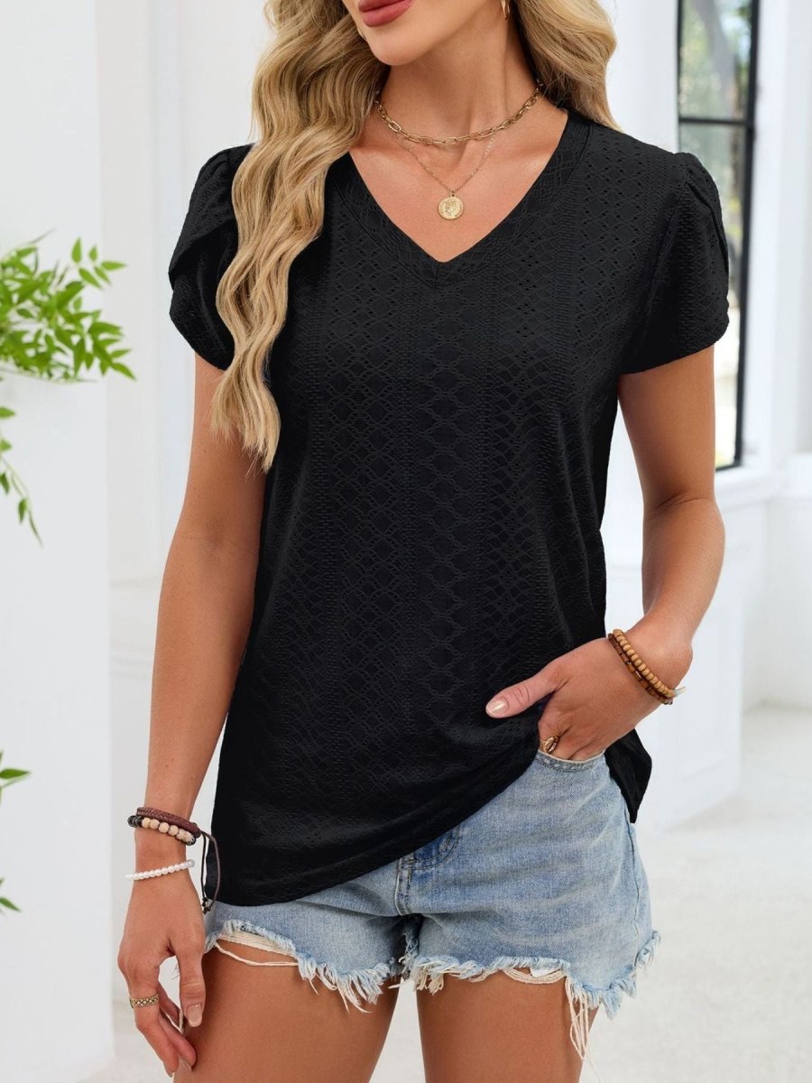 Eyelet Petal Sleeve V - Neck T-Shirt - Wow Store