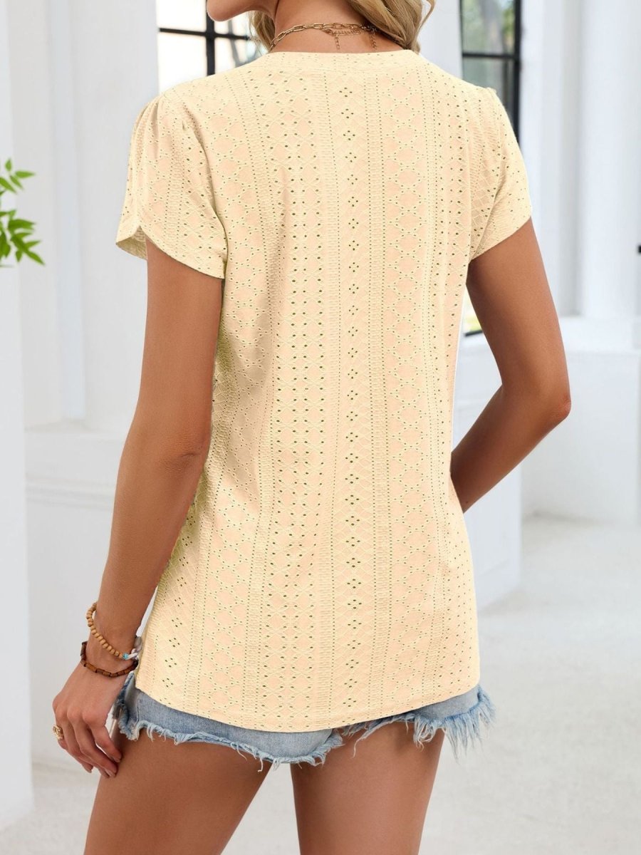 Eyelet Petal Sleeve V - Neck T-Shirt - Wow Store