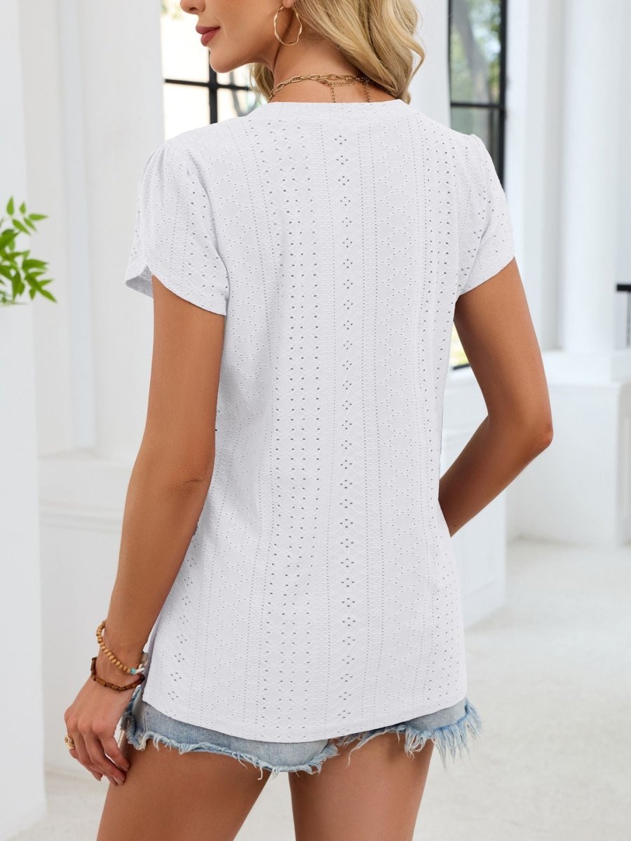 Eyelet Petal Sleeve V - Neck T-Shirt - Wow Store