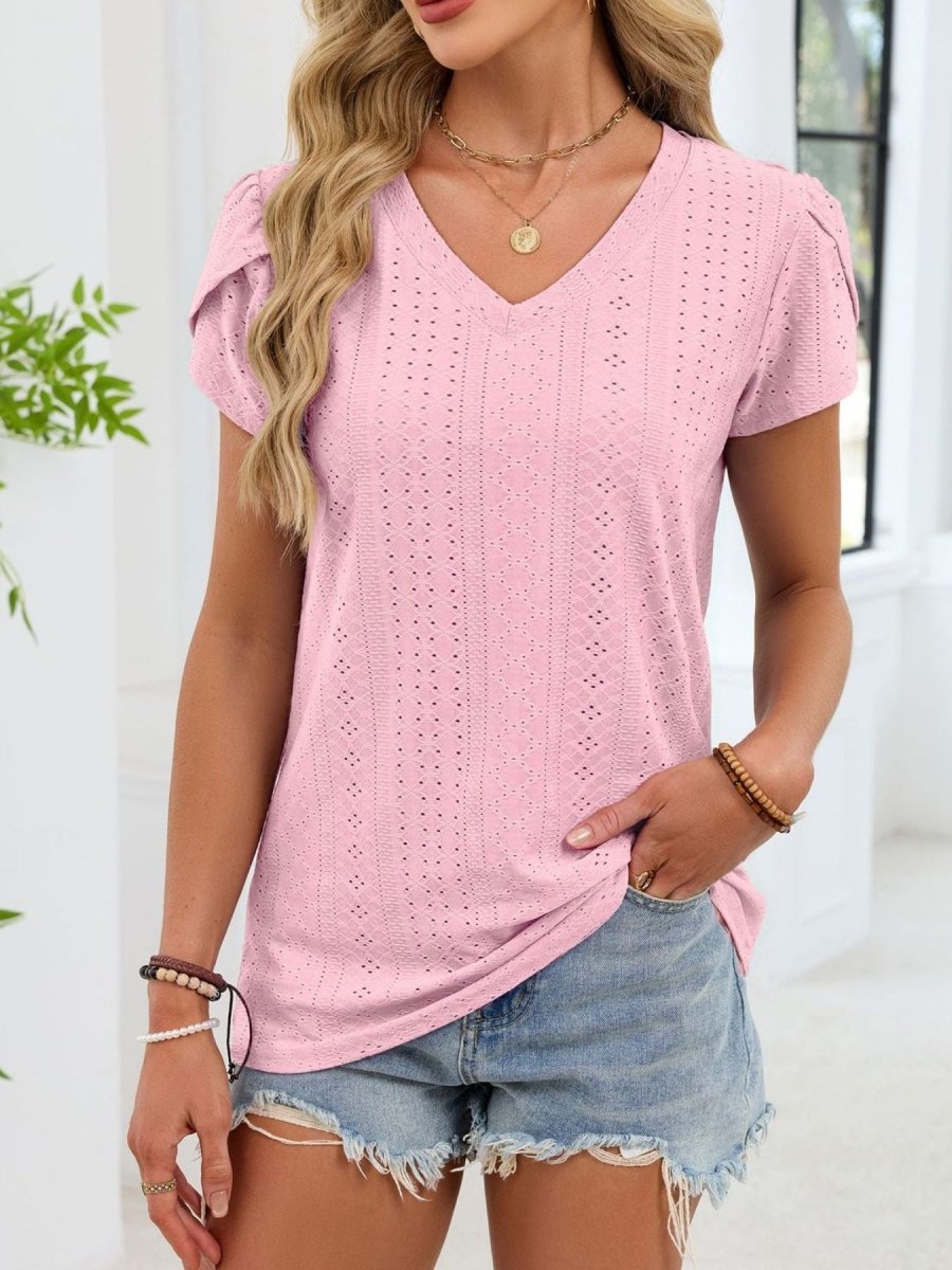 Eyelet Petal Sleeve V - Neck T-Shirt - Wow Store