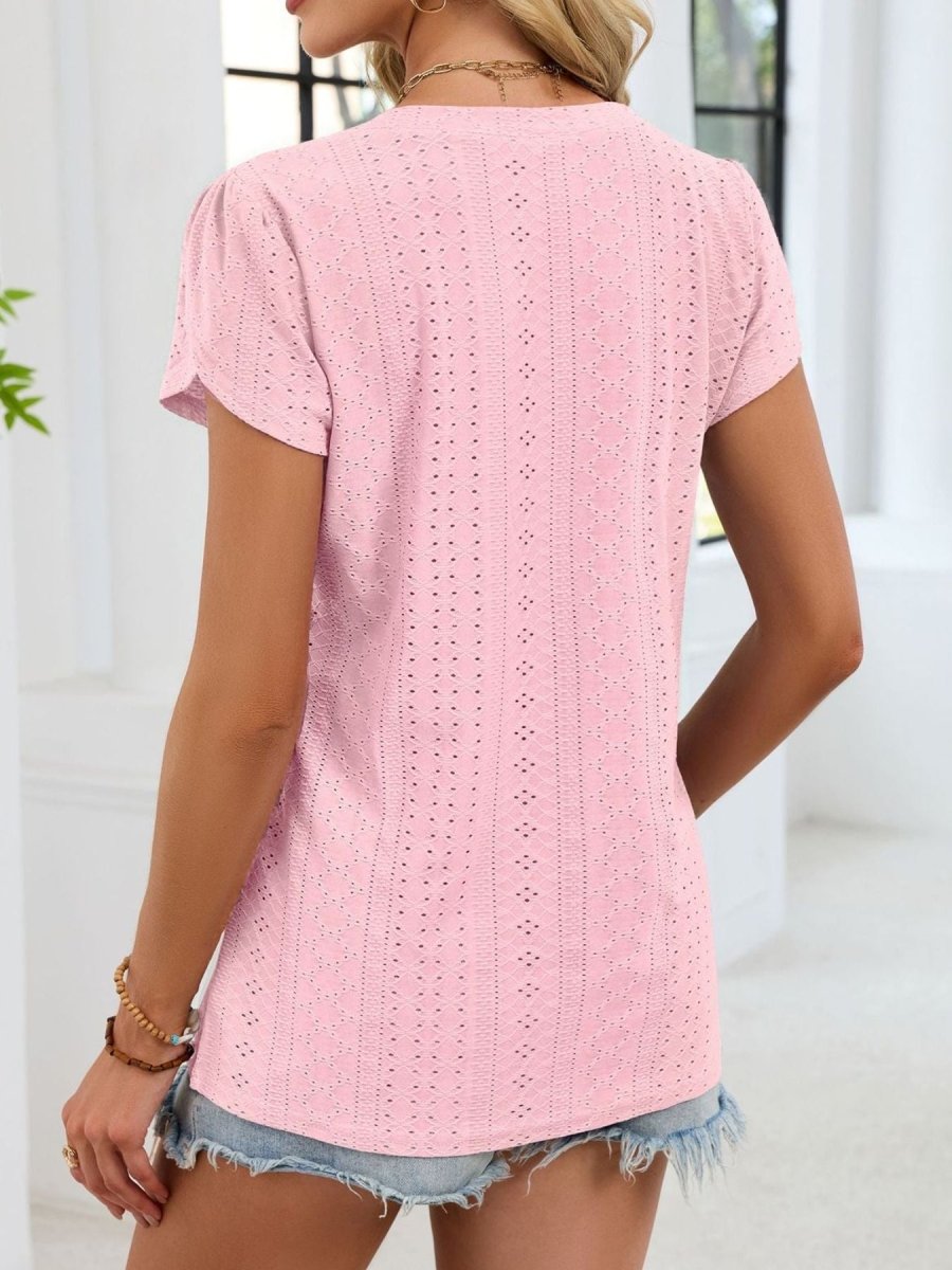 Eyelet Petal Sleeve V - Neck T-Shirt - Wow Store