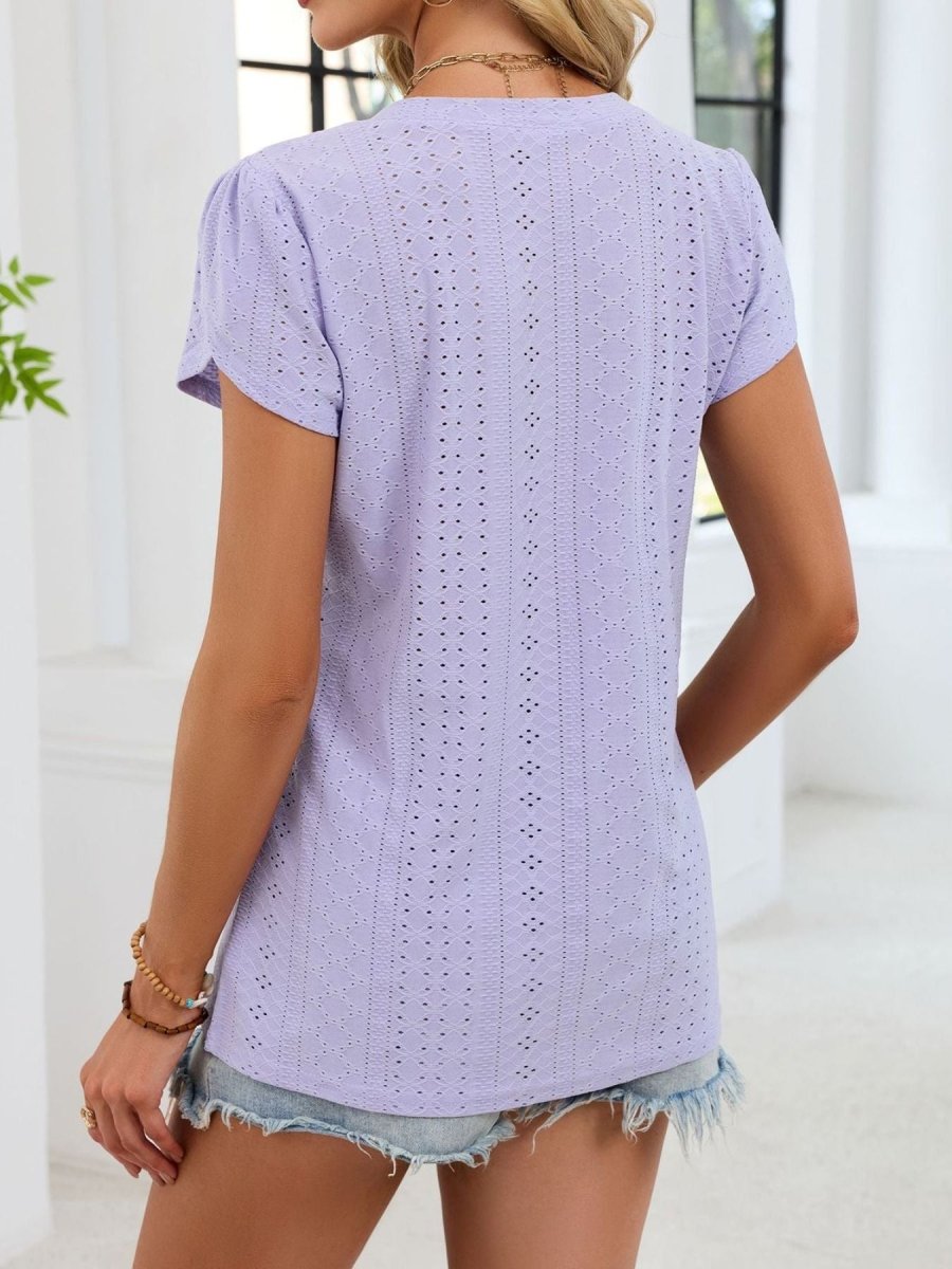 Eyelet Petal Sleeve V - Neck T-Shirt - Wow Store