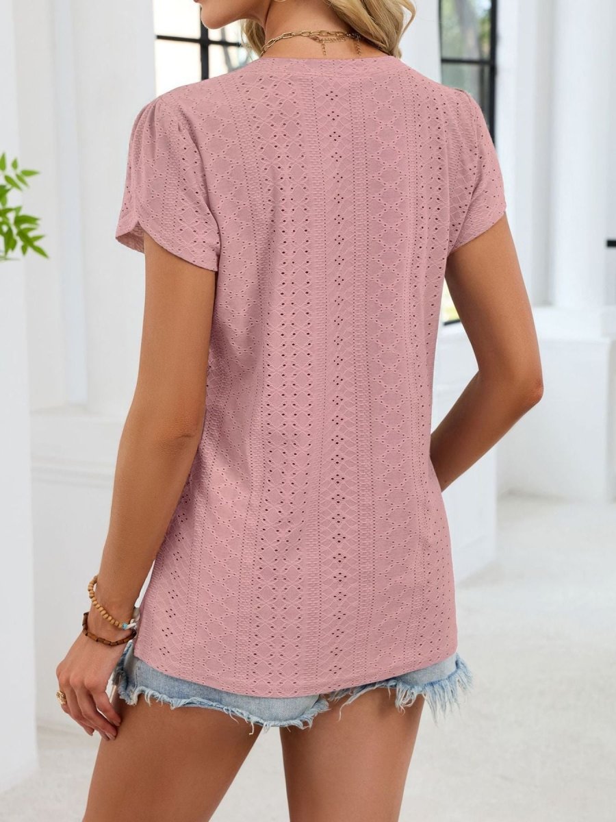 Eyelet Petal Sleeve V - Neck T-Shirt - Wow Store