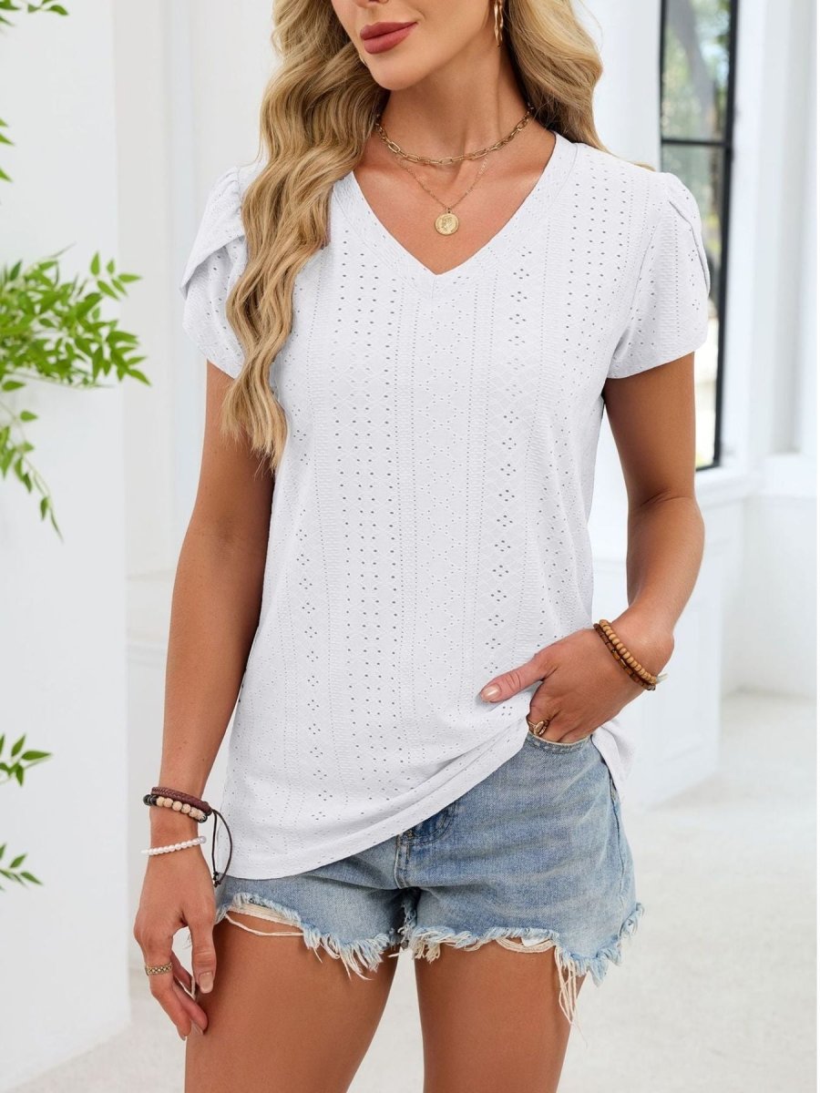 Eyelet Petal Sleeve V - Neck T-Shirt - Wow Store