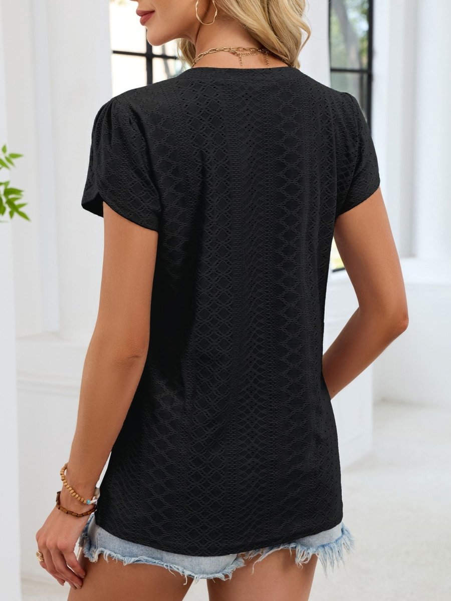 Eyelet Petal Sleeve V - Neck T-Shirt - Wow Store