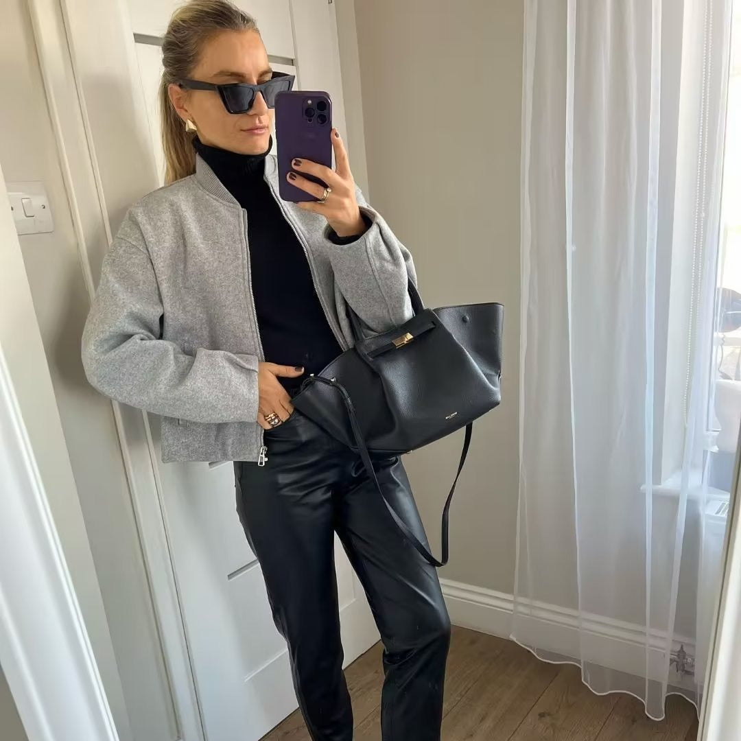 Cropped Bomber Jacket with Stand Collar