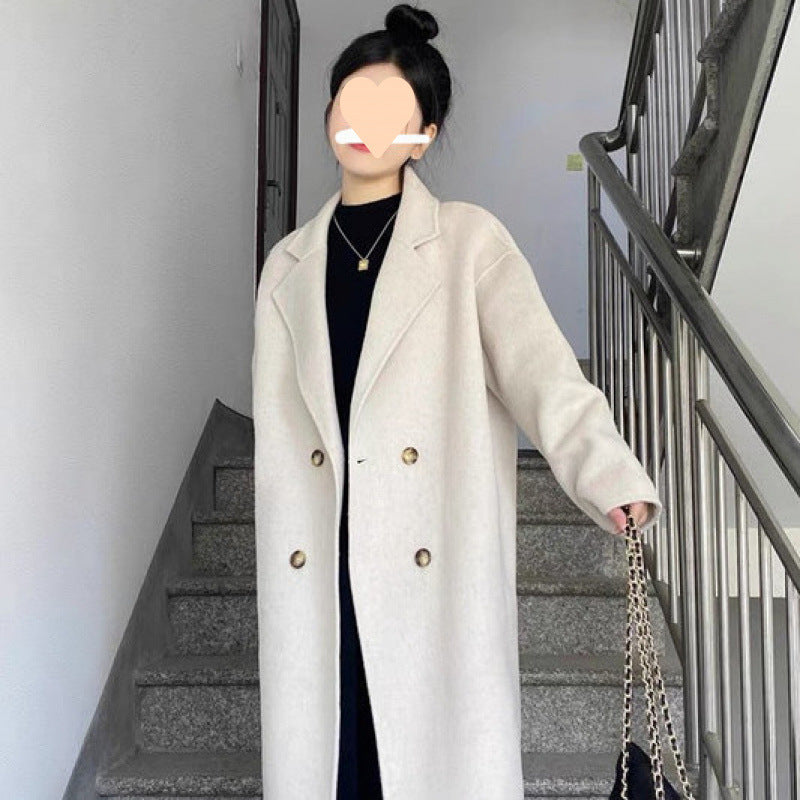 Long Oversized Double-Breasted Coat with Notch Lapel in oat white