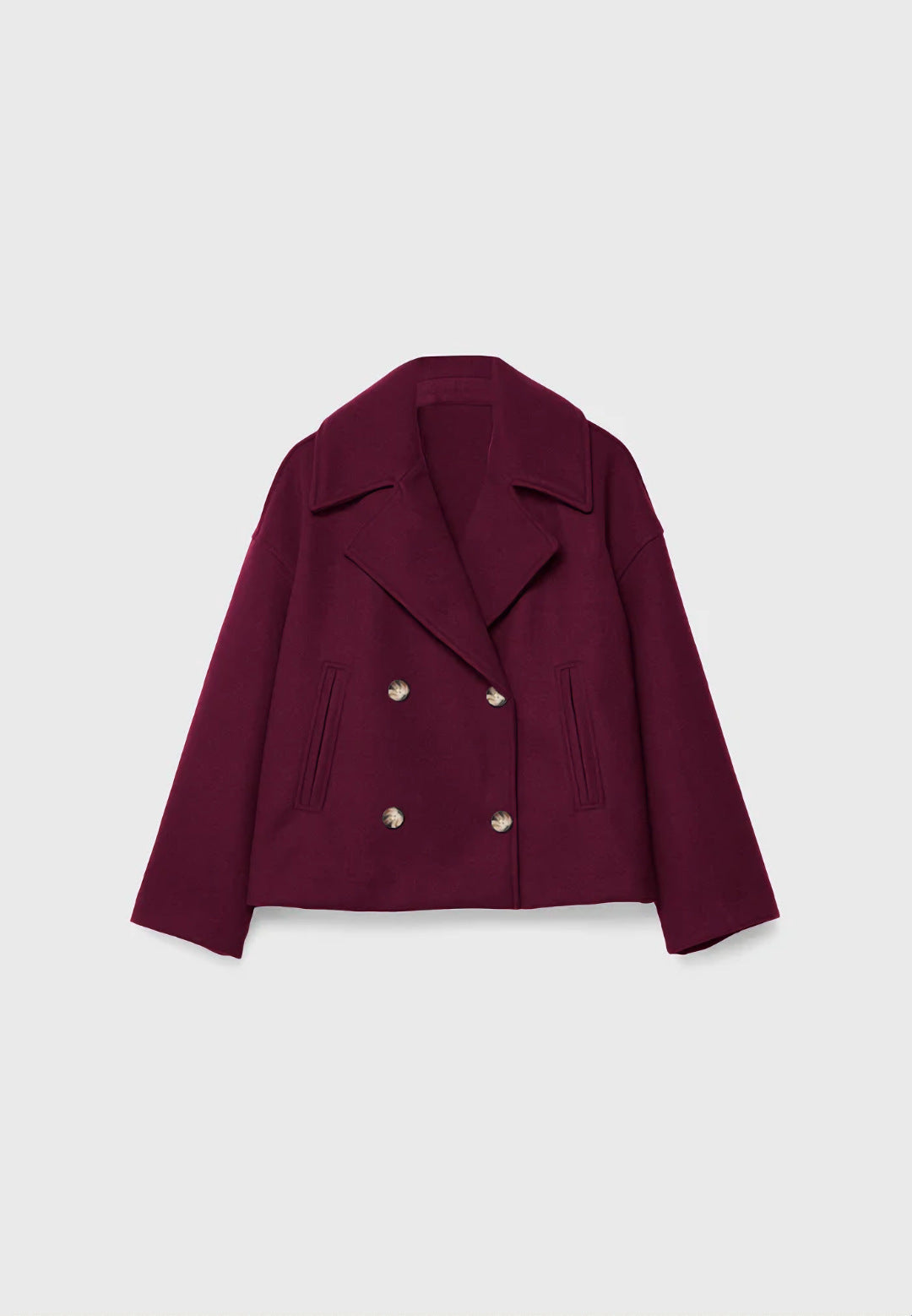 Cropped double-breasted jacket in burgundy, flat lay, front view, on a light background