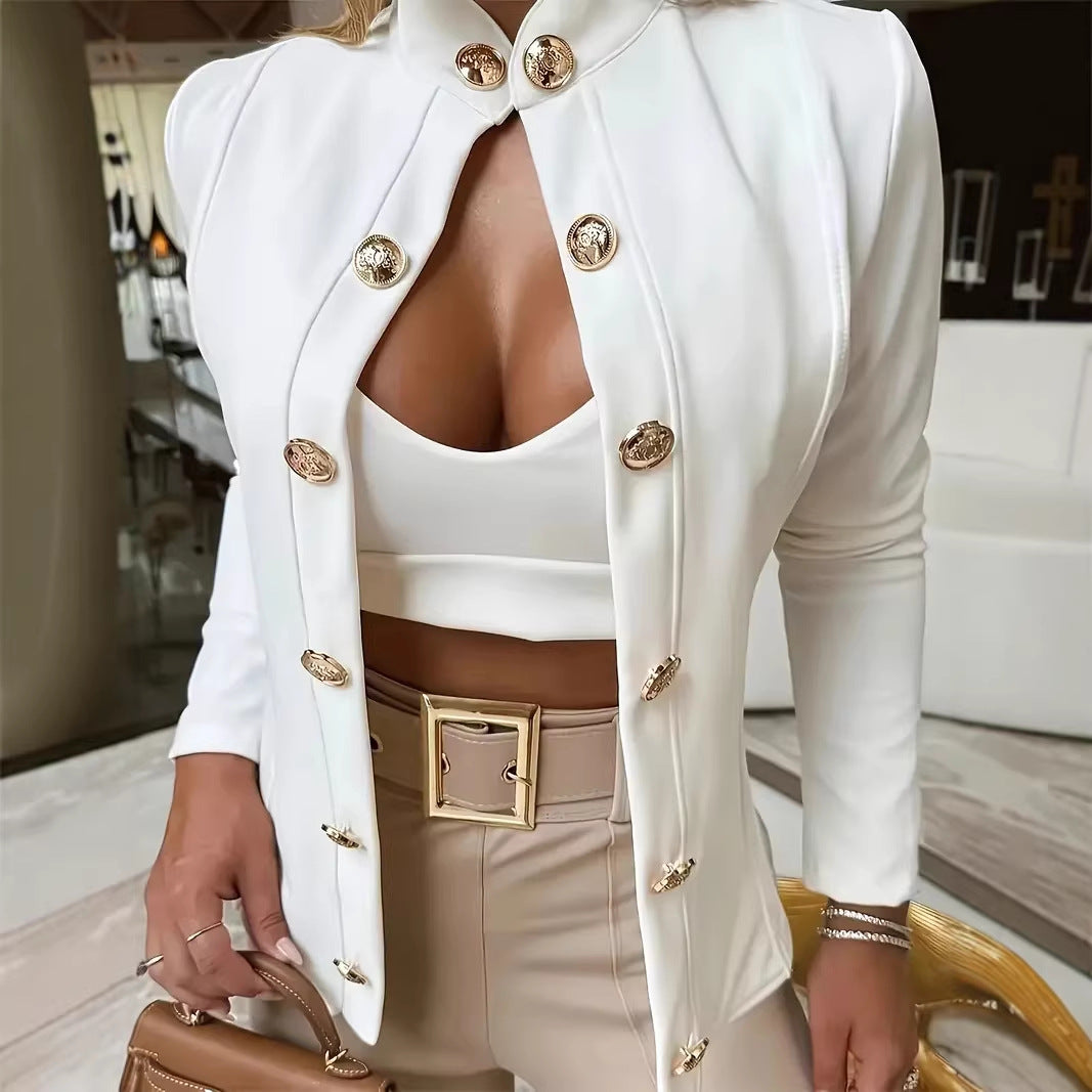 White double-breasted stand-collar blazer with gold-tone buttons, close-up front view on model wearing white top and beige