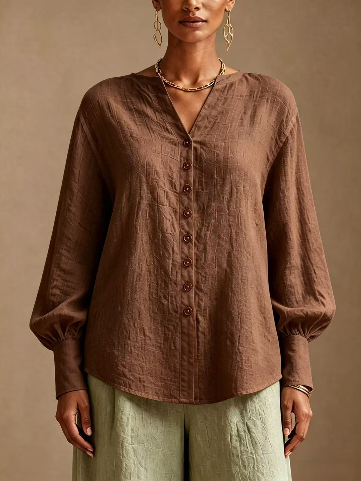 V-Neck Lantern-Sleeve Blouse in brown