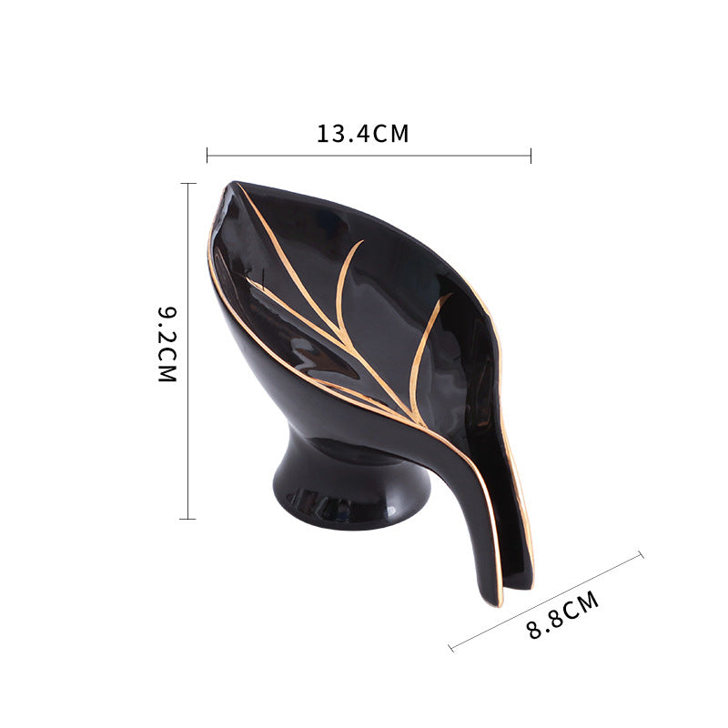 Size chart for black ceramic leaf-shaped soap dish with gold-tone leaf-vein detailing