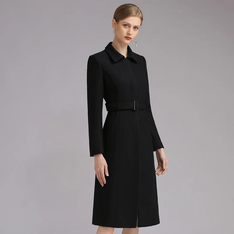 Belted collared midi coat, black, three-quarter front view on model, with belt and pockets