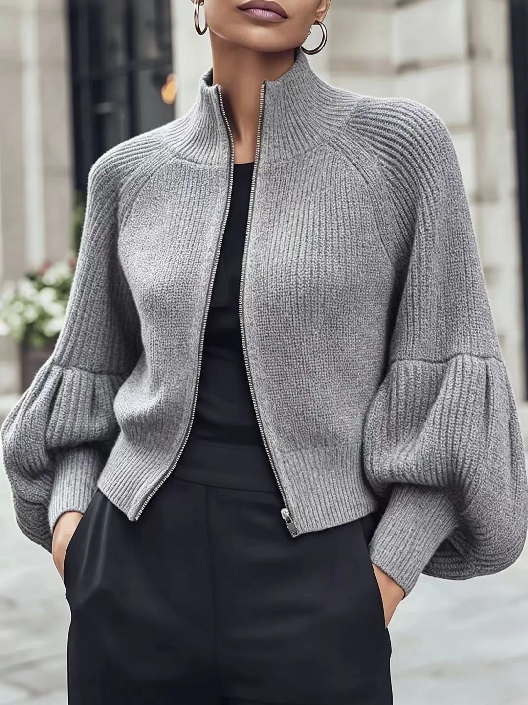 Zip-Up Rib Knit Cardigan with Balloon Sleeves in grey