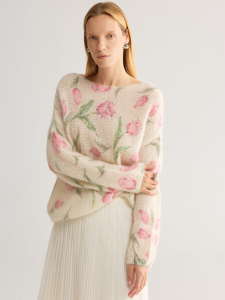 Tulip and floral print fuzzy knit jumper, wide neck, cream with pink flowers, worn by model, front view, studio setting