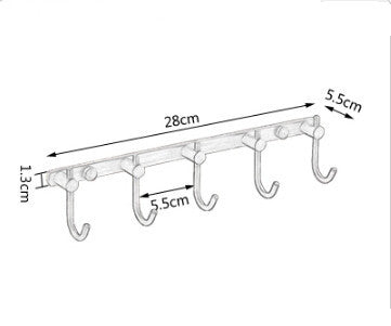 Size chart for 5-hook wall rail, showing dimensions: 28 cm long, hooks spaced 5.5 cm apart, height 1.3 cm