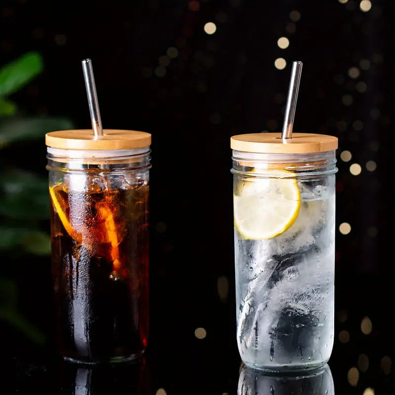 Premium Glass Tumbler Set with Bamboo Lids & Straws - 24oz