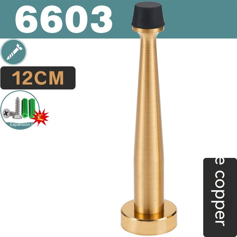 Brass-tone door stopper, 12 cm tall, black rubber cap, front view, white background, with text and icons