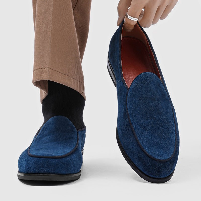 Blue suede-look men's loafer, front view worn on foot, matching loafer held at an angle showing the insole