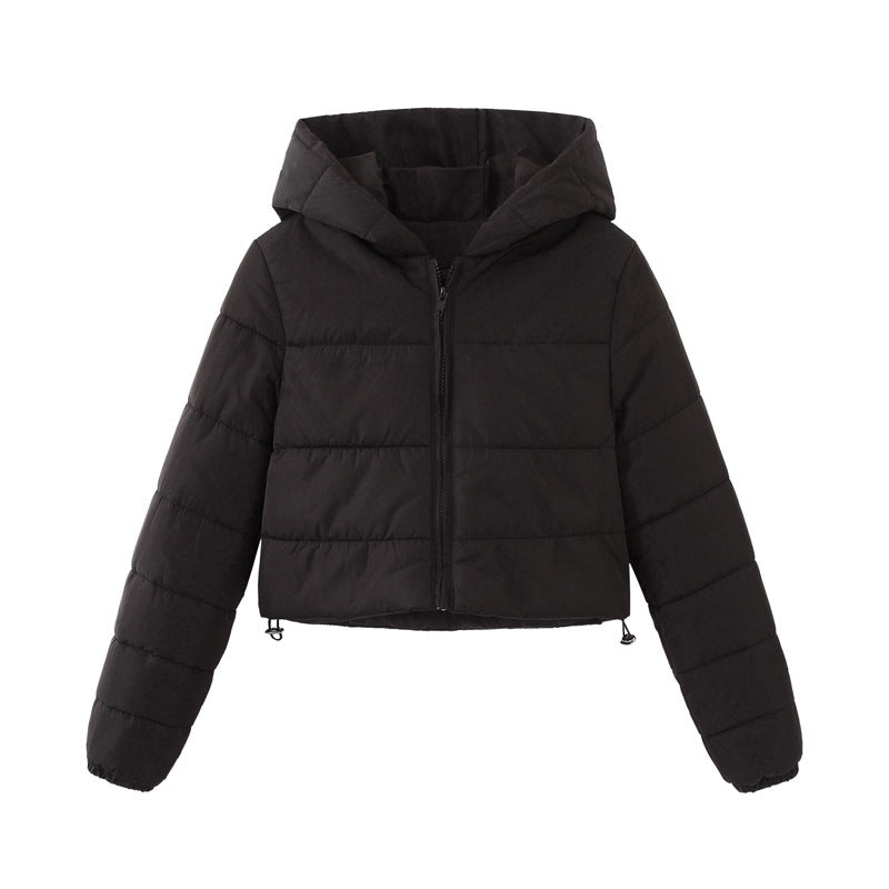 Black cropped hooded puffer jacket, flat lay front view on a plain background