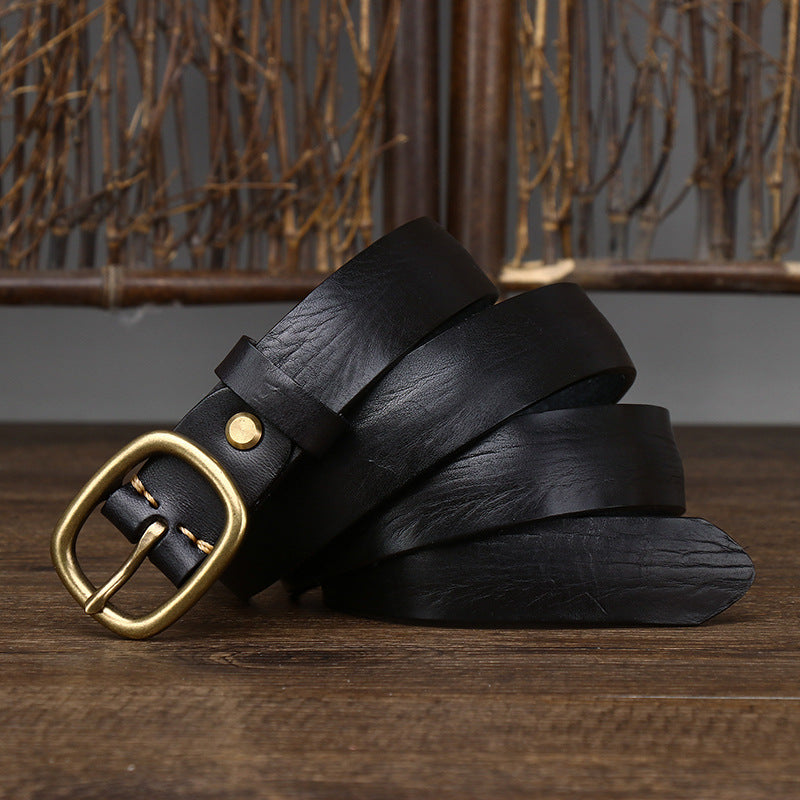 Vintage Leather Belt with Brass-Tone Buckle, 2.8 cm