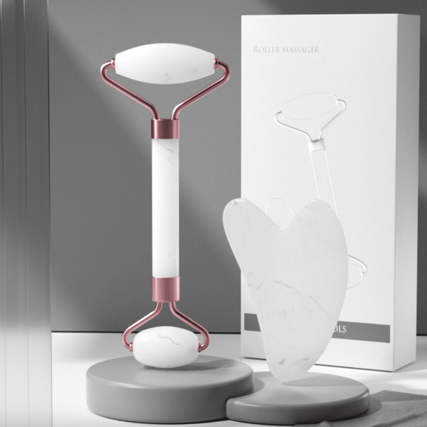 Gezichtsmassage roller met gua sha, set in doos