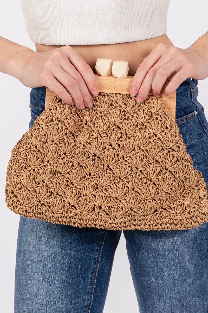 Fame Straw Braided Wooden Frame Cluch Bag - Wow Store