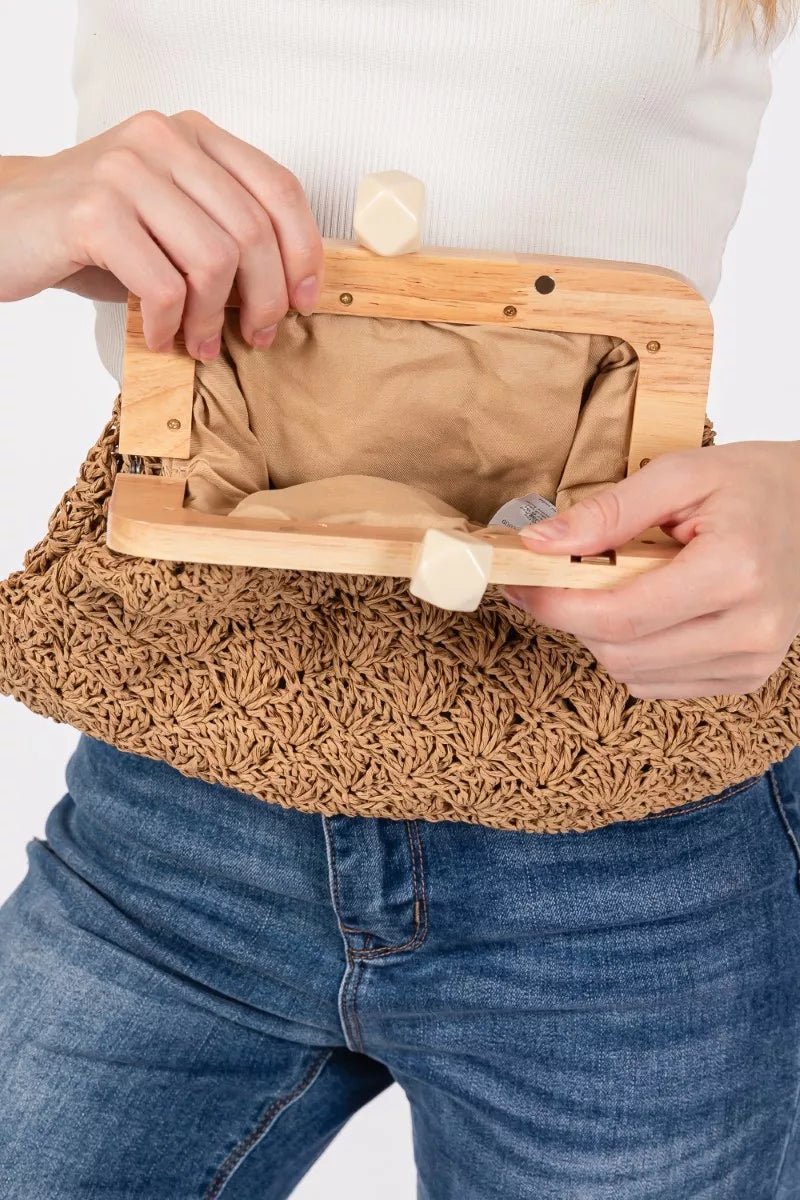 Fame Straw Braided Wooden Frame Cluch Bag - Wow Store