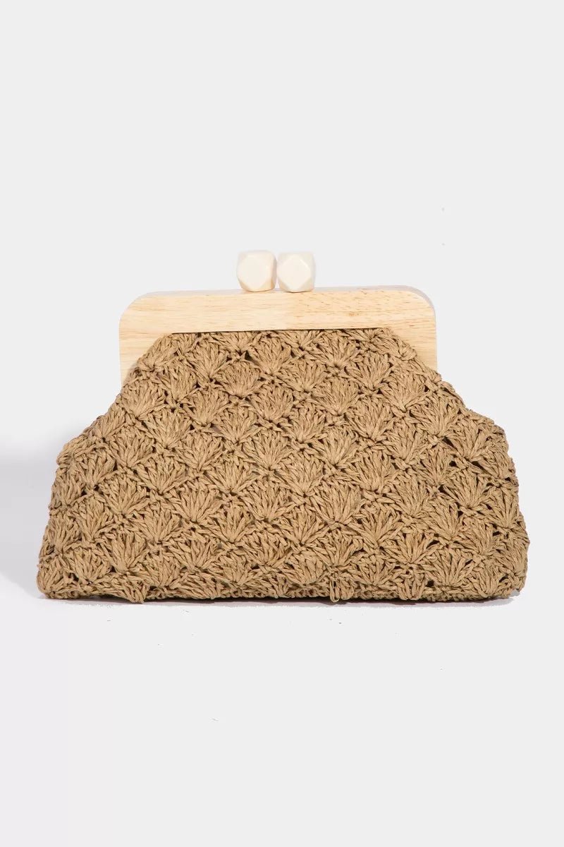 Fame Straw Braided Wooden Frame Clutch Bag in natural beige tone with woven texture and wooden frame detail - natural eleganc