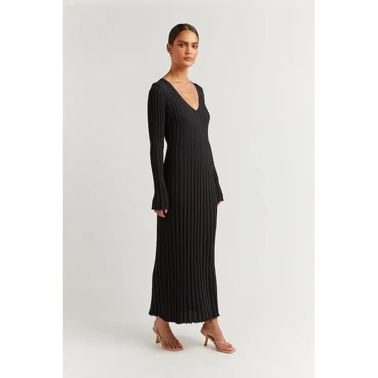 Women's Knitted Dress Full Length View - Showing Custom Fit and Draping Black Details - Wow Store