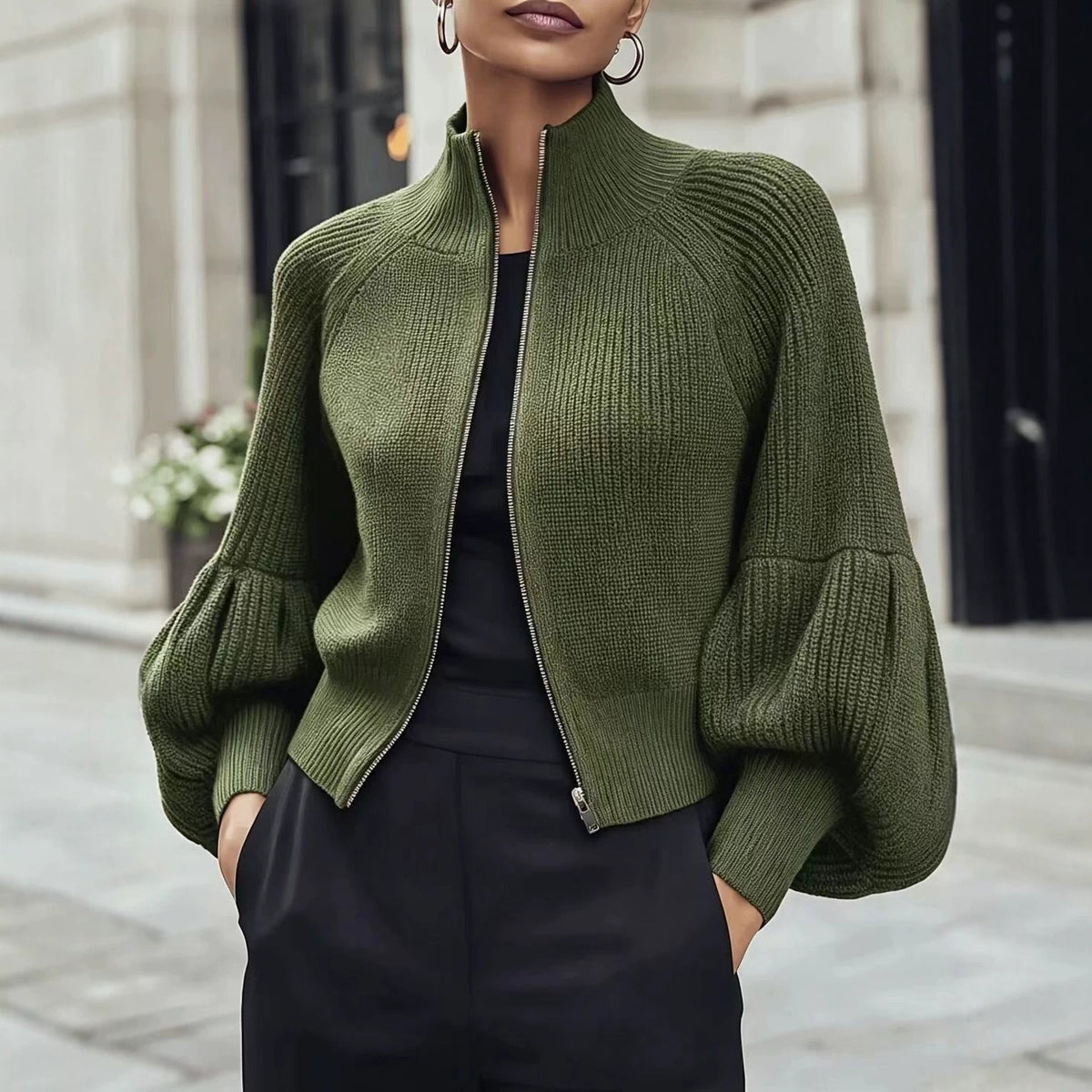 Zip-Up Rib Knit Cardigan with Balloon Sleeves in olive green, front view on model, standing outdoors