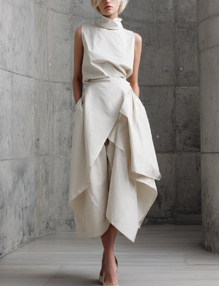 High-Neck Top and Draped Skirt Co-ord Set in beige, front view on model, sleeveless high neck, asymmetrical skirt, concrete