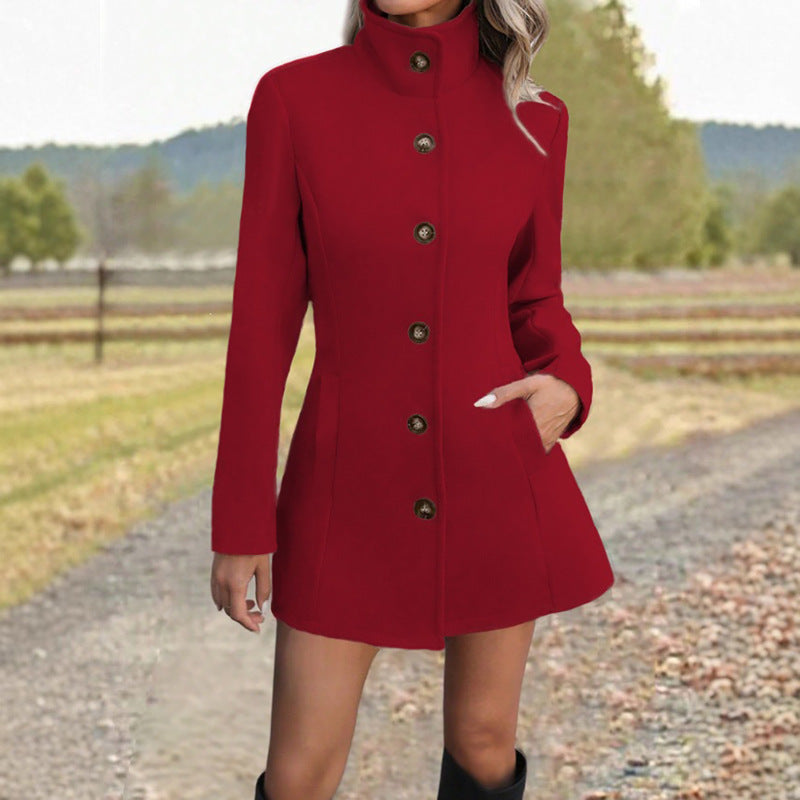 Fitted Stand-Collar Coat with Button Front in bright red