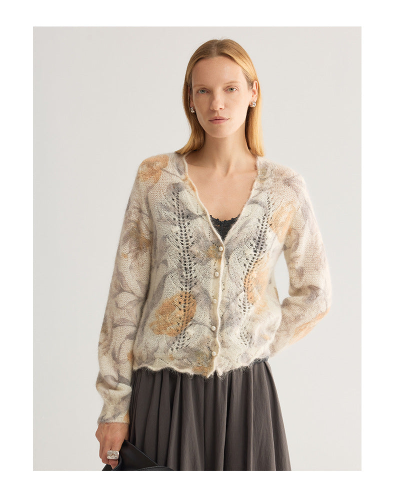 Floral Jacquard V-Neck Cardigan with Pearl-Look Buttons