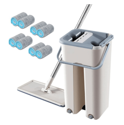 Flat mop, cream bucket and eight rolled microfibre pads, the set sold on this page