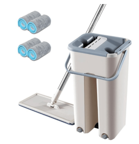 Flat mop and cream bucket shown with four rolled pads
