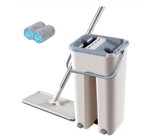 Flat mop and cream bucket shown with two rolled pads