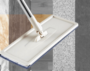 Flat mop plate on its joint, shown on several kinds of hard floor