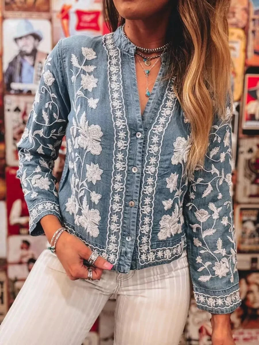 Floral Embroidered Button Up Denim Shirt - Wow Store