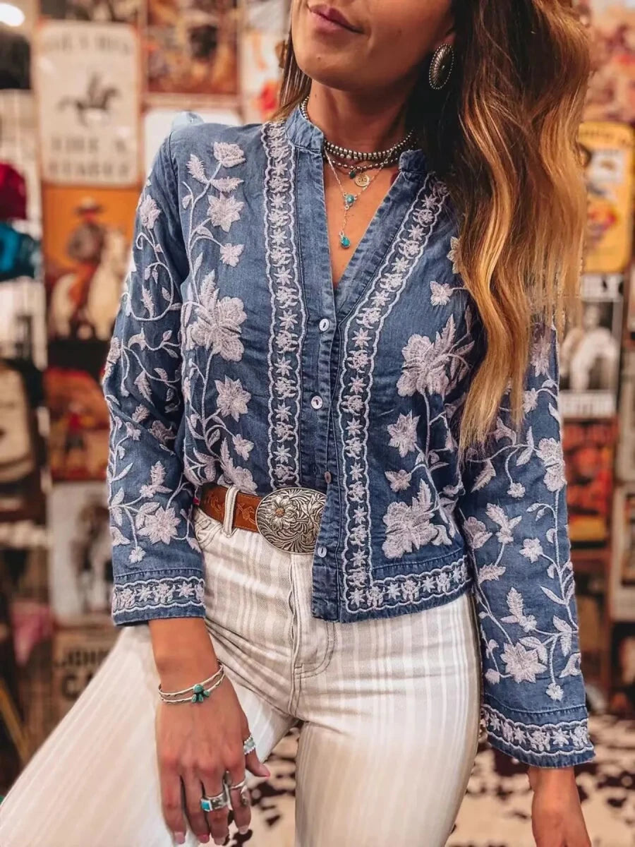 Floral Embroidered Button Up Denim Shirt - Wow Store