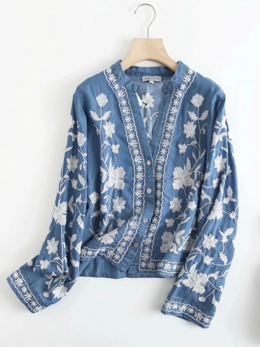 Floral Embroidered Button Up Denim Shirt - Wow Store