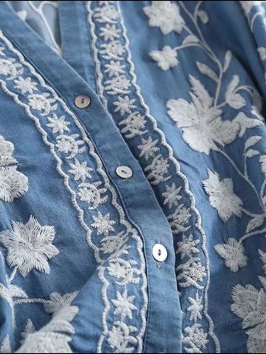 Floral Embroidered Button Up Denim Shirt - Wow Store