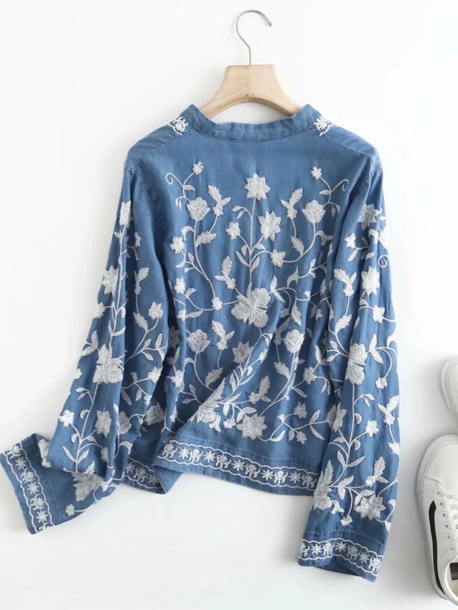 Floral Embroidered Button Up Denim Shirt - Wow Store