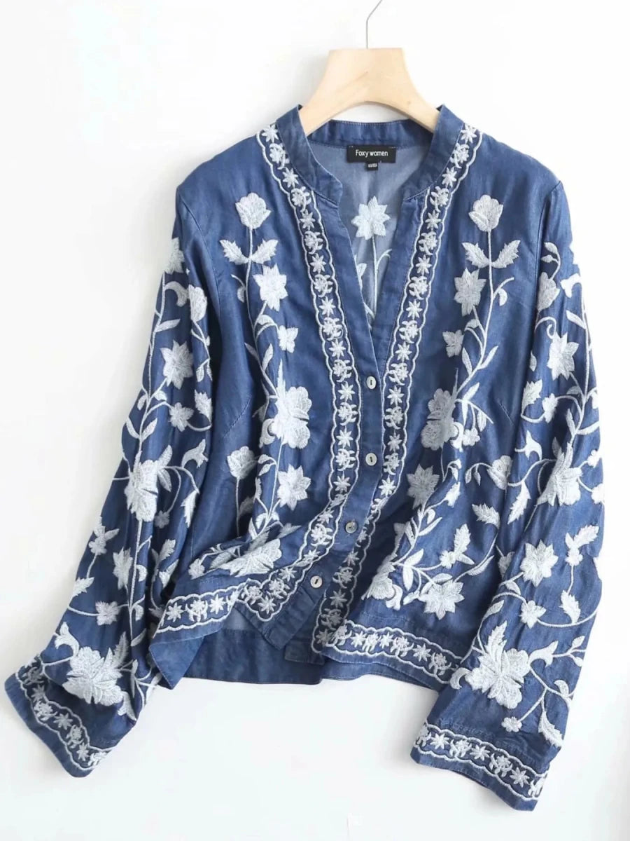 Floral Embroidered Button Up Denim Shirt - Wow Store
