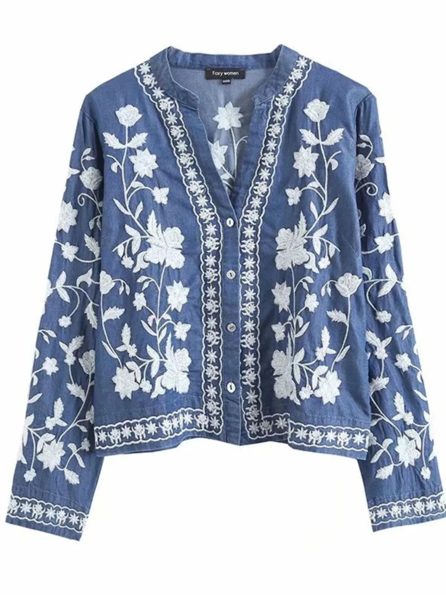 Floral Embroidered Button Up Denim Shirt - Wow Store