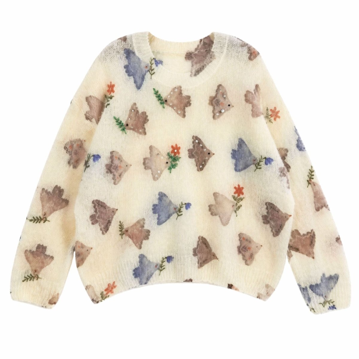 Ivory bird print jumper laid flat, brown and blue birds with small flowers