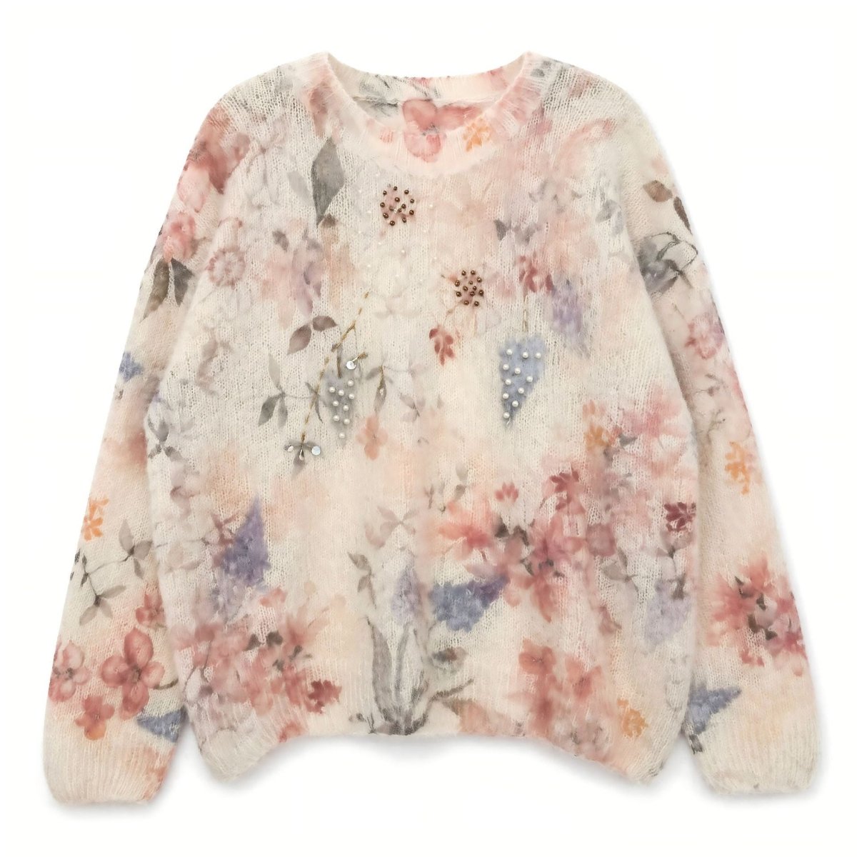 Pale floral jumper with beads laid flat, soft pink and grey flowers