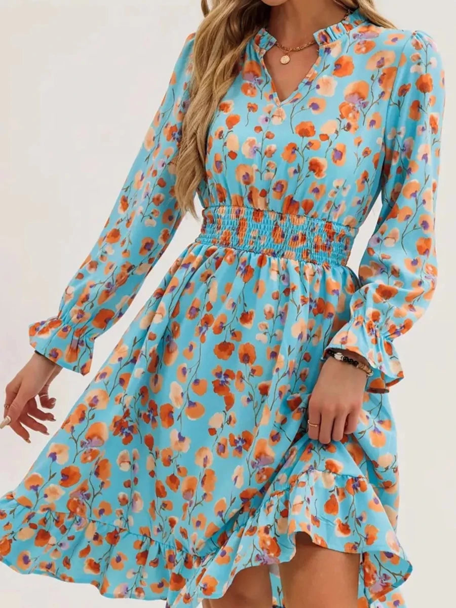 Floral Notched Flounce Sleeve Dress - Wow Store
