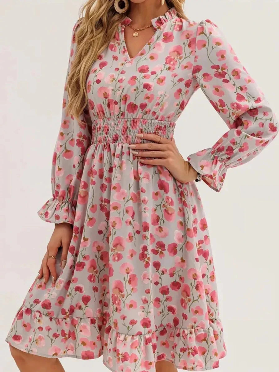 Floral Notched Flounce Sleeve Dress - Wow Store